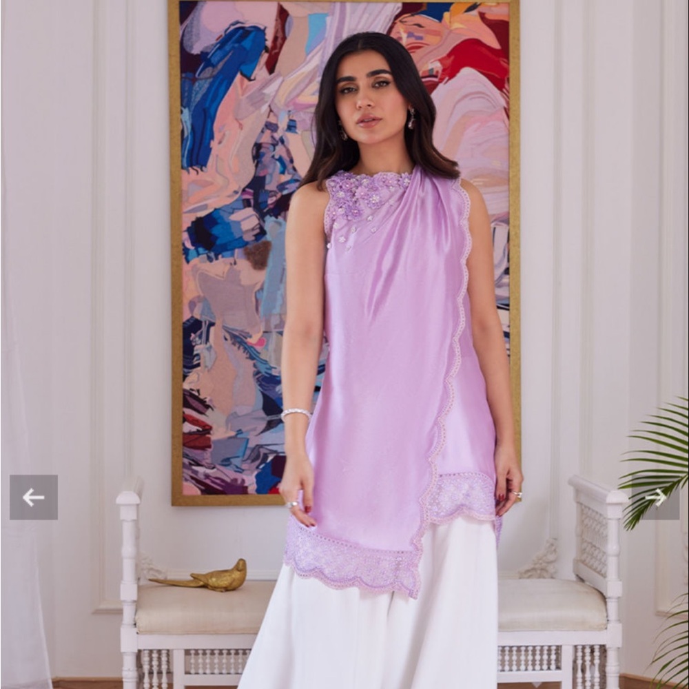 Farah Talib Aziz Pakistani Indian Lavender Raw Silk Wrap Shirt With Sleeves - Picture 4 of 15